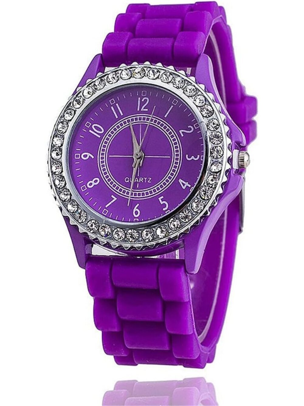 Women's Purple Analog Quartz Silicone Band Lady Digital Rhinestone Wrist Watch